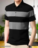 Black and Grey Colorblocked Cotton T-Shirt, striped design, short sleeves, suitable for various styles, cotton blend fabric, slight stretch, available in sizes S-XXL