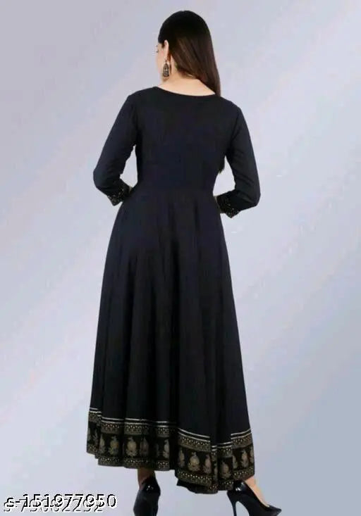 Royal black rayon three-quarter sleeve solid dress, Indian fashion on model