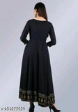 Royal black rayon three-quarter sleeve solid dress, Indian fashion on model