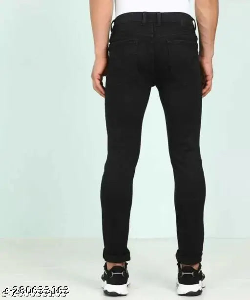 Men's black denim slashed jeans, high-quality stretchable fit for men's casual trousers, available in sizes 28, 30, 32, and 34 (waist 28, 30, 32, and 34; length 41 in each). Made in India