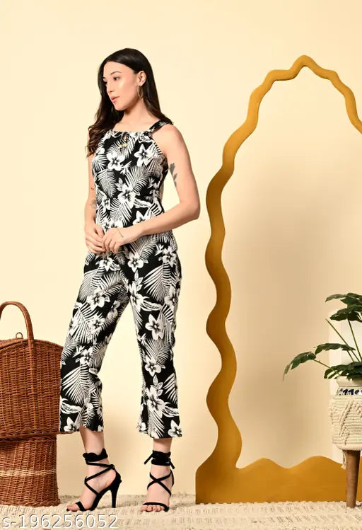 Black printed crepe jumpsuit by AAIAVN, sleeveless and versatile fashion piece