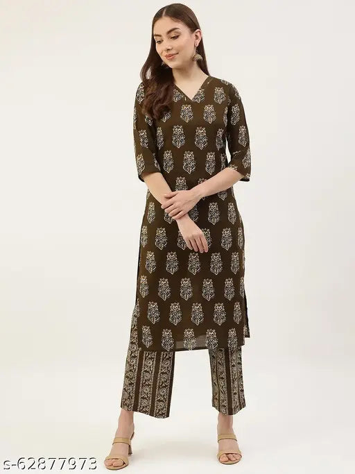 Mahendi green cotton kurta with palazzo pant set, features three-quarter sleeves, V neck, straight fit, calf length, floral print, suitable for casual and festive occasions. Made of 60*60 cotton, from India