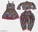Traditional cotton blend kurta set (Kurta, Dhoti pant, Shrug) for baby girls. A-line top with three-quarter sleeves, printed pattern, knee length. Perfect for weddings, parties, or any festival wear