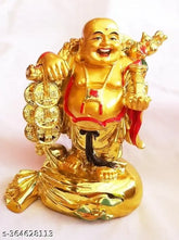 Golden polyclain Laughing Buddha figurine standing on money bag potli sack, carrying ingot potli. Symbol of prosperity, wealth, good luck at home or office (9cm height)