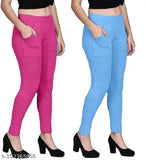 Gorgeous Queen Pinkdenim Blue cotton blend pocket jeggings for women, solid pattern on display