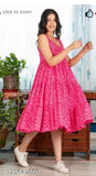 Pink rayon sleeveless print dress, vibrant floral design, women's fit & flare style