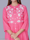 Rayon Anarkali embroidered kurti with three-quarter sleeves, intricate embroidery detailing on neck, originates from India