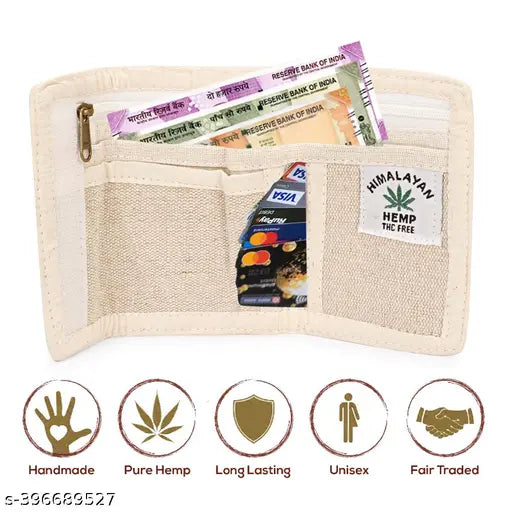 Hemp foldable wallet, eco-friendly unisex design featuring traditional Indian doll print. Made out of natural jute fabric with 5 compartments, lightweight and easy to carry