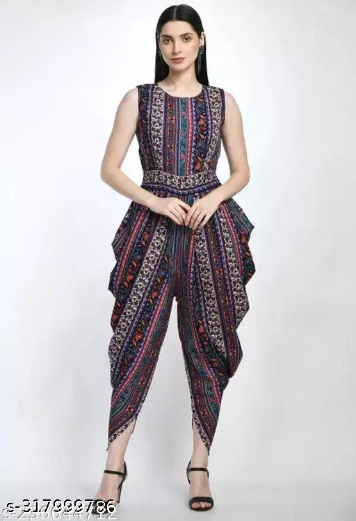 Sleeveless printed crepe dhoti-style jumpsuit for women, vibrant Indian design, size S (36-34-52in)