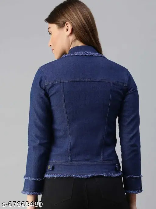 Dark blue denim Raffu Teen Patti women's jacket, long sleeves, solid pattern, versatile, Indian origin