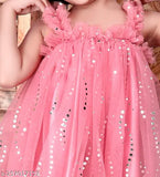 Stylish pink and green striped satin dress for baby girls, Indian embellished net design, 1-9 years sizes available