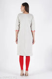 Wool embroidered Aari work kurta in white, three-quarter sleeve for women. Fashionable woolen fleece party dress with multicolor embroidery, made in India