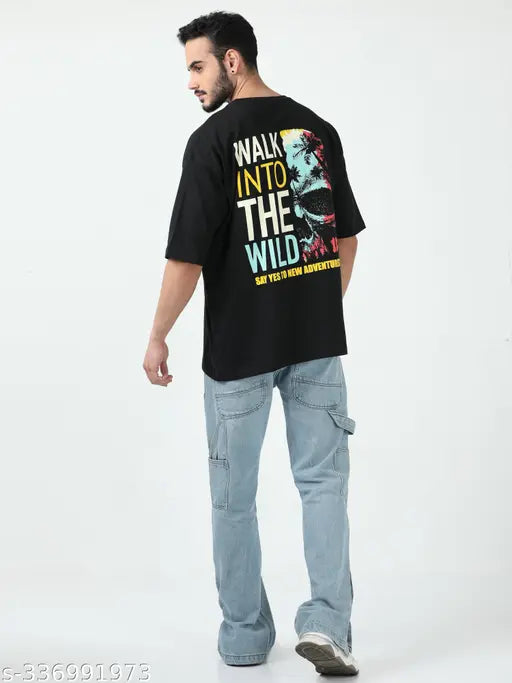 Oversized cotton drop shoulder t-shirt for men, printed design with three-quarter sleeves. Size N (S: 42x29in, M: 44x29in, L: 46x30in, XL: 48x30in). Made in India