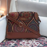 Light brown faux leather, multicolor printed jute sling bag for women - eco-friendly, durable, adjustable shoulder strap, 4 compartments, travel, casual party, office use