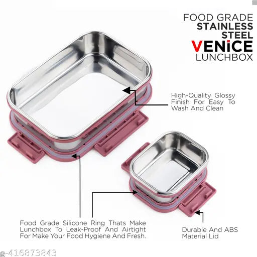 Pink stainless steel tiffin box with dual compartments, airtight & leakage-proof, ideal for school/office meals (1000ml)