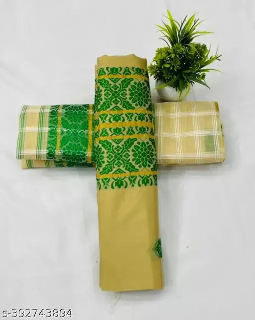 Assamese chiffon saree set with running blouse and jacquard net blouse, authentic traditional Indian attire in free size