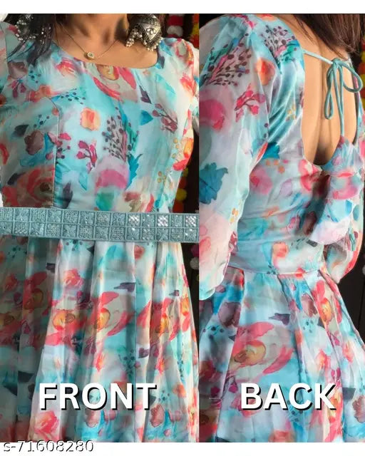 Multi-color floral print Anarkali Georgette dress set with duppatta, long sleeves, elevate ethnic elegance for special occasions