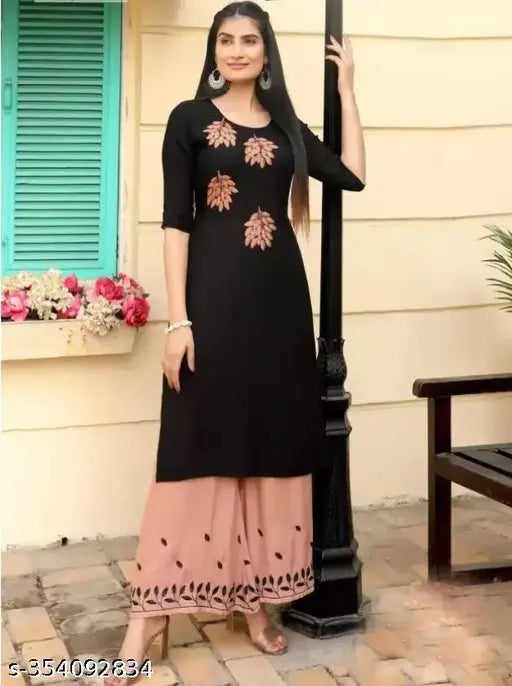 Black and Peach Rayon Embroidered Kurta with Palazzo Set for Women, solid design on display