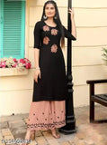 Black and Peach Rayon Embroidered Kurta with Palazzo Set for Women, solid design on display