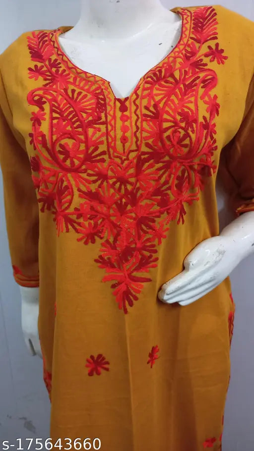 Mustard over red embroidered wool kurti for women, size M-XXXL (India)