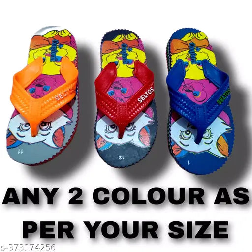 Multicolor rubber slippers pack of 2, featuring soft cushioning and cartoon character pattern. Unisex design for all ages, perfect for gifting or daily wear. Premium quality rubber sole ensures durability. Available in various sizes from 2-3 years to 8-9 years. Made in India