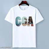 White polyester GOA printed t-shirt for adults, featuring intricate designs. Sizes: S, M, L, XL, XXL. Check size chart before ordering