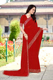 Red Georgette saree with embellished border, single piece separate Bangalori silk blouse for parties, weddings & festivals. Indian handcrafted, Swarovski & mirror work." (124 characters)