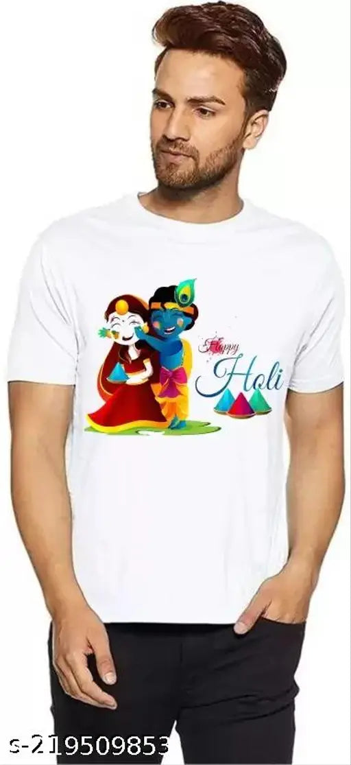 Classic printed polyester t-shirt with short sleeves, white background featuring a print pattern. Size: N, available in S, M, L, XL, XXL. Made in India