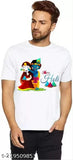 Classic printed polyester t-shirt with short sleeves, white background featuring a print pattern. Size: N, available in S, M, L, XL, XXL. Made in India