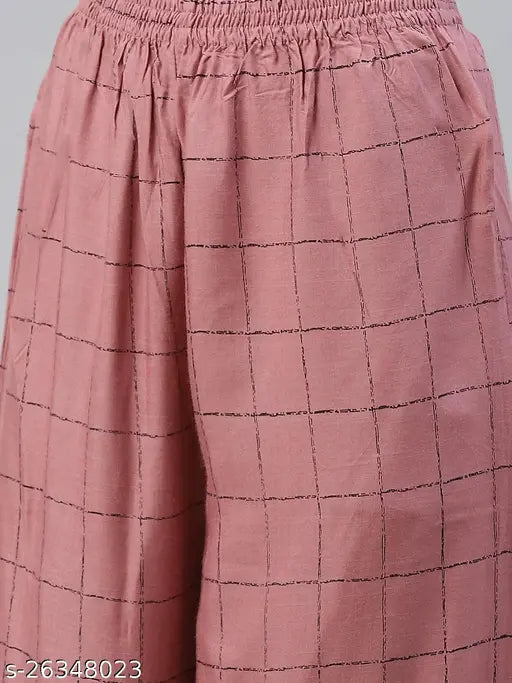 Pink rayon kurta palazzo set, self-designed net pattern on calf length straight fit mandarin collar neck, comfortable and stylish women's clothing from HIGHLIGHT FASHION EXPORT, India