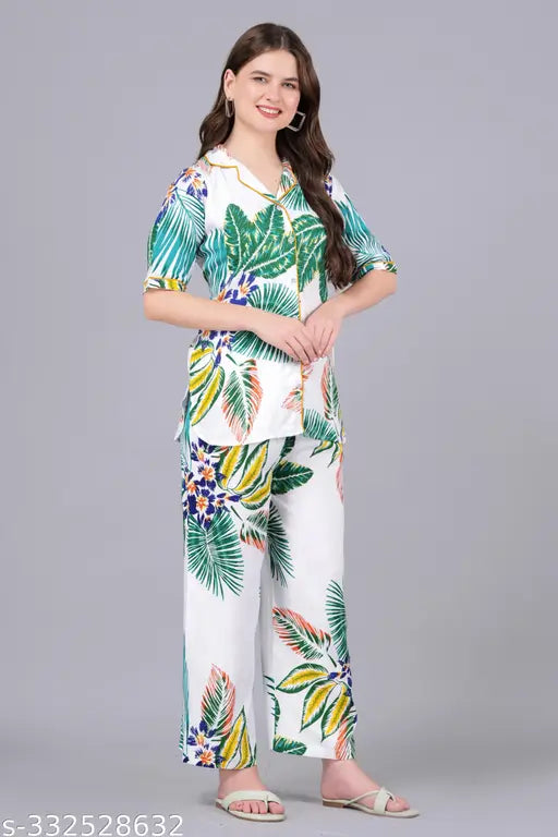 women's rayon printed night suit set, two-piece sleepwear set in soft rayon for comfort and style, available in various sizes: M, L, XL, XXL, XXXL, 4XL, 5XL (made in India)