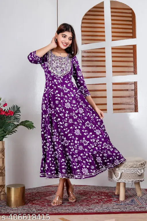 Multicolor Rayon Anarkali Gown with Embroidery - Rayon flared dress for women and girls, three-quarter sleeves, festive wear