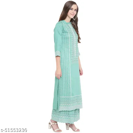 Charvi Fabulous Women Rayon Kurta Sets, printed net, three-quarter sleeves, palazzos, Indian women's fashion