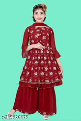 Maroon Georgette Girls Kurti Sharara & Dupatta Set (Pack of 3) - Best-selling ethnic wear for festive parties and weddings under 499. Traditional A-line silhouette with flared sharara bottoms, knee-length kurti, and three-quarter sleeves