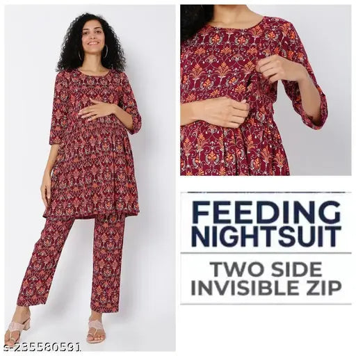 Rayon maternity night suit set, printed net design with three-quarter sleeves, soft, breathable, and comfortable, quality priority, two side invisible zip, double protection from backside, Jazba fashions India