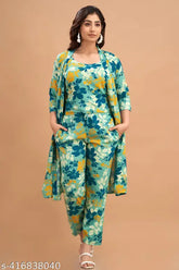 Blue pink rayon cordset 3-piece printed pyjamas set