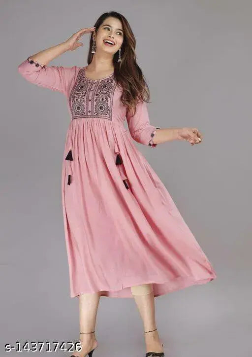 Rayon embroidered flared aline kurta with three-quarter sleeves, Indian festival wear for women on display