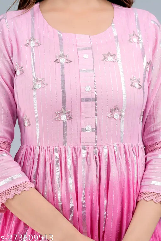 Pink cotton-lurex ombre Anarkali gown, embellished yoke detail, three-quarter sleeves, hand wash separately