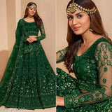 Fashionable embroidered net lehenga choli and dupatta set, semi-stitched (42in waist, 42in length). Indian origin