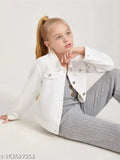 White cotton kids denim jacket, fancy new stylish design with long sleeves, sizes: 5-6 (28in bust, 16in length), 7-8 (29in bust, 16in length), 9-10 (30in bust, 16in length), 11-12 (31in bust, 16in length). Made in India
