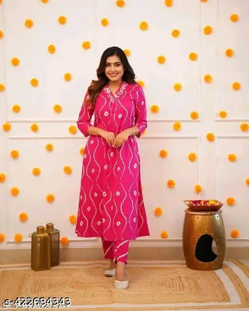 Printed rayon kurta set and palazzos, three-quarter sleeves, PREETY CO brand, India origin