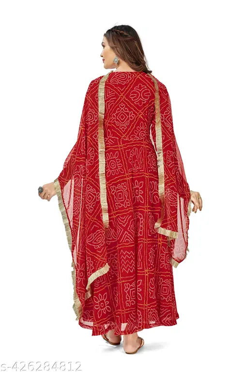 Hand-dyed Bandhani Anarkali Kurta Set, traditional and elegant new Anarkali Kurti for festive wear, Georgette fabric with three-quarter sleeves, single size S-XXL, Indian origin