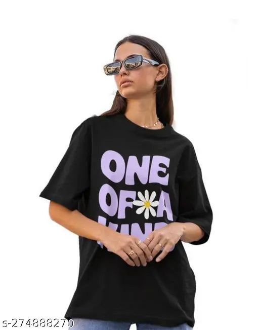 Oversized black one-of-a-kind print cotton t-shirt, durable and breathable with double-stitched hems, India origin