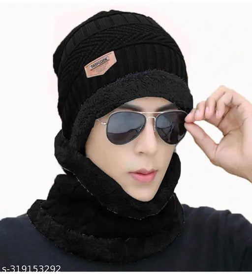 Strikey black wool balaclava for men, solid pattern, winter sports accessory