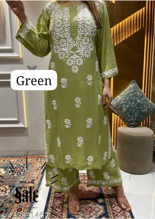 Mehndi Chikankari rayon kurta set with palazzos, printed net design, three-quarter sleeves. Indian traditional wear in M, L, XL, XXL, XXXL, and 4XL sizes