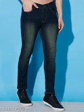 Stretchable denim full-length men's jeans, dyed/washed, size options: 28, 30 (waist 30, length 41), also available in 32, 34, 36, 38, 40. Indian-made stretch denim trousers on hanger