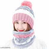 Pink twist, self-design woolen beanie cap & scarf muffler set - women's soft winter knit for snowproof style