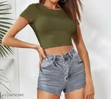 Olive polycotton crop top for women and girls, fashionable and elegant, machine washable. Sizes: S (34in bust, 16in length), M (36in bust, 17in length), L (38in bust, 18in length), XL (40in bust, 19in length). Made in India