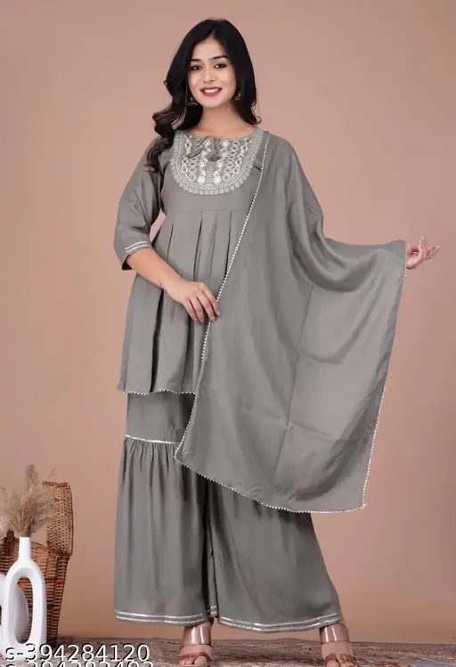 Grey Rayon Kurta Set with Sharara and Dupatta for Women - Stitched net embroidery, A-line style, hand wash only