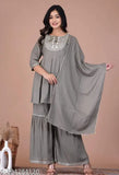 Grey Rayon Kurta Set with Sharara and Dupatta for Women - Stitched net embroidery, A-line style, hand wash only